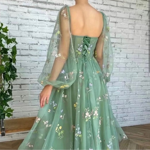 Flower Embroidery Tulle Prom Dresses PuffySleeve A-line Party Ball Gown sz10& 14 - Picture 3 of 4
